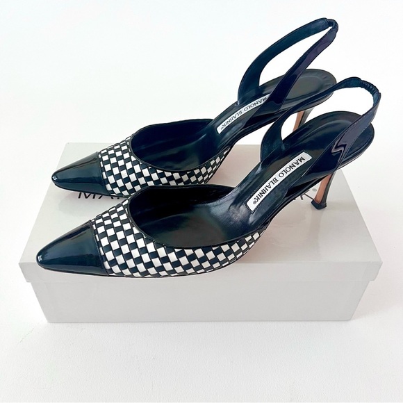 MANOLO BLAHNIK | Black White Cap Toe Woven Leather SlingBack Pointed Pumps - Picture 1 of 16